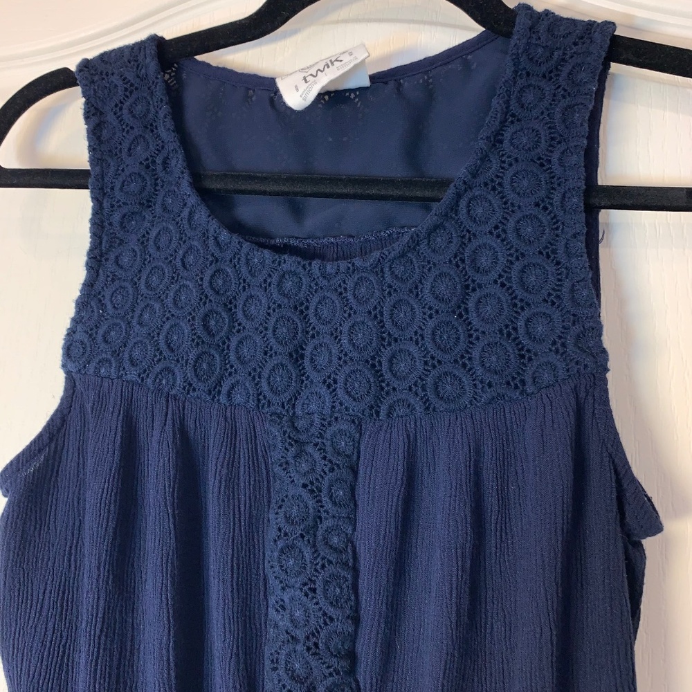 Twik Simons Navy Boho Mini Dress Crochet Lace Sleeveless Summer Dress‎ M